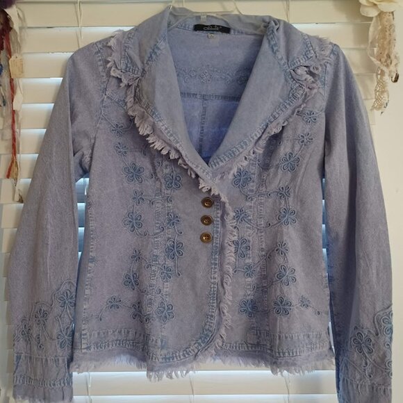 Giocam Women’s Large Denim Embroidered Jacket Boho Frayed Hem Blazer Cottagecore - Picture 8 of 10